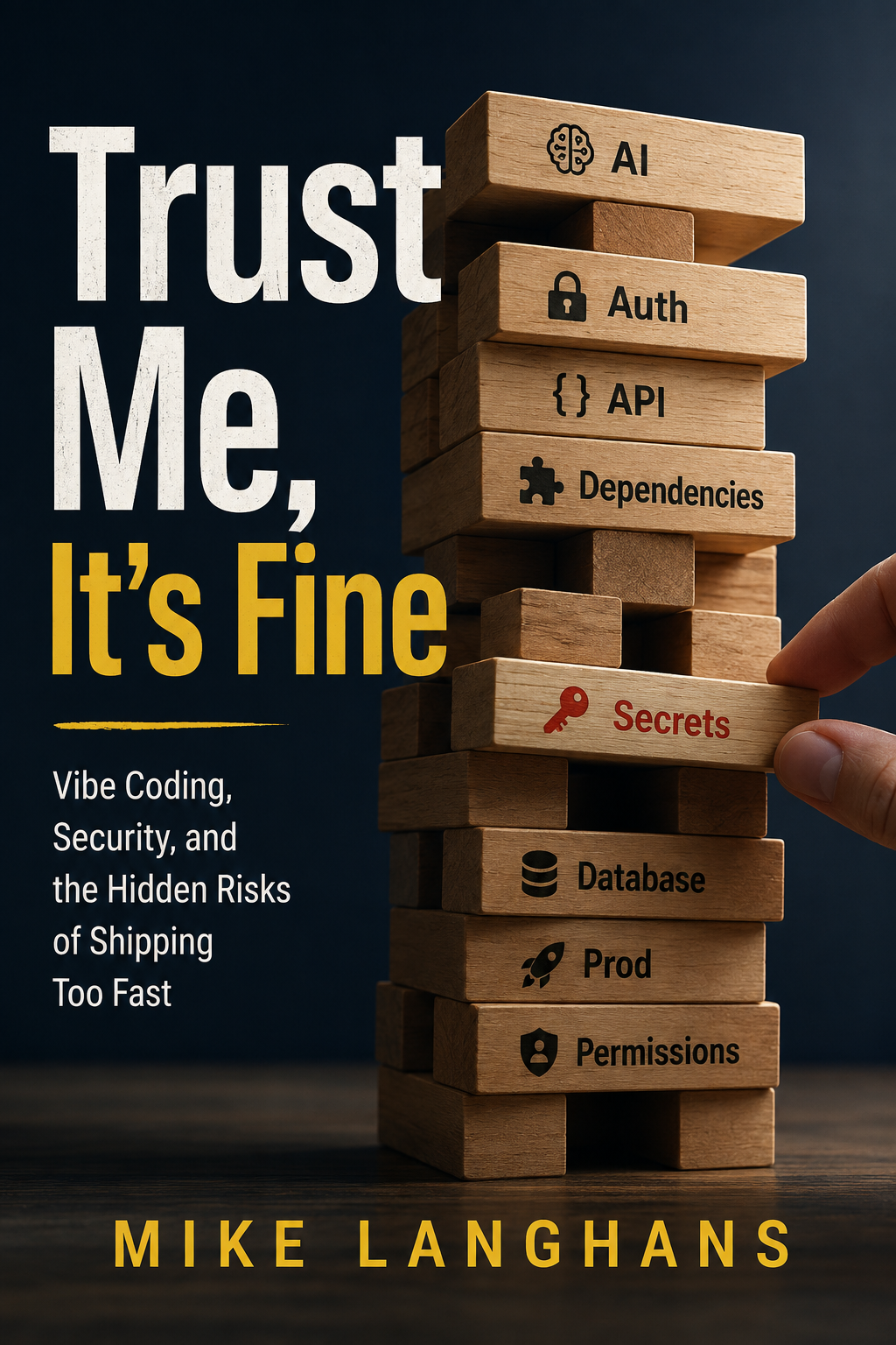 Book cover for Trust me, it's fine: a tall wooden block tower labeled AI, Auth, API, Dependencies, Database, Prod, and Permissions, with a hand pulling out a red-labeled Secrets block
